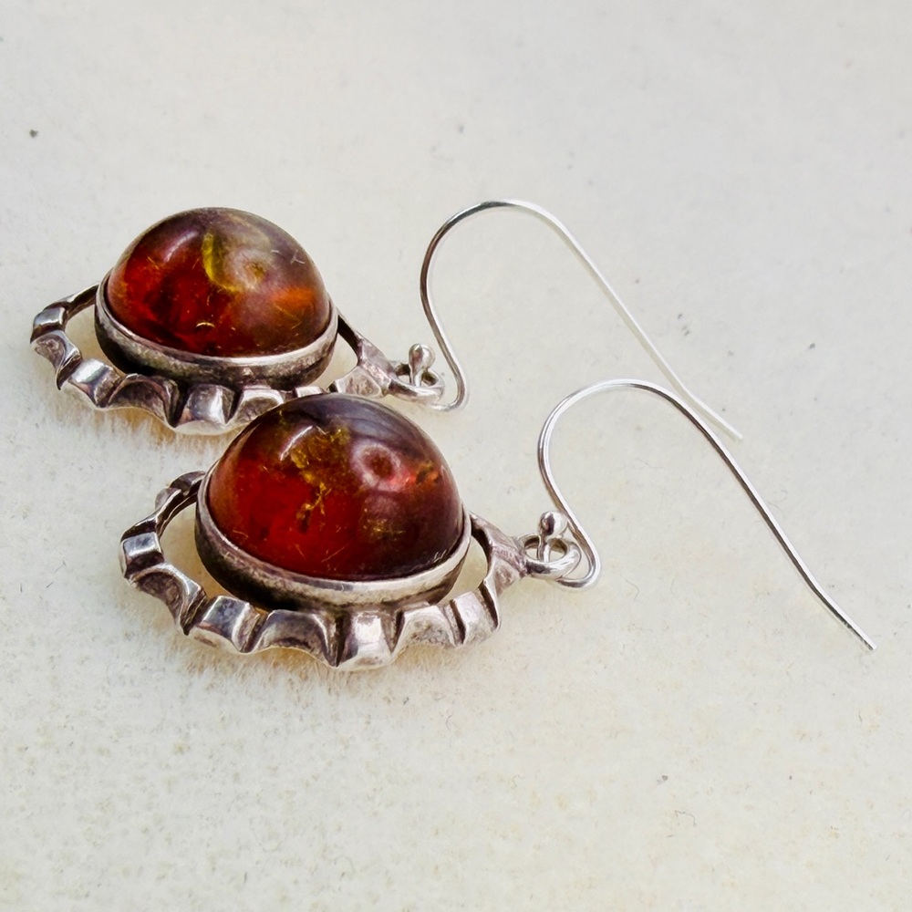 Vintage Artisan Amber and Sterling Silver Earrings Dangle Drop Boho